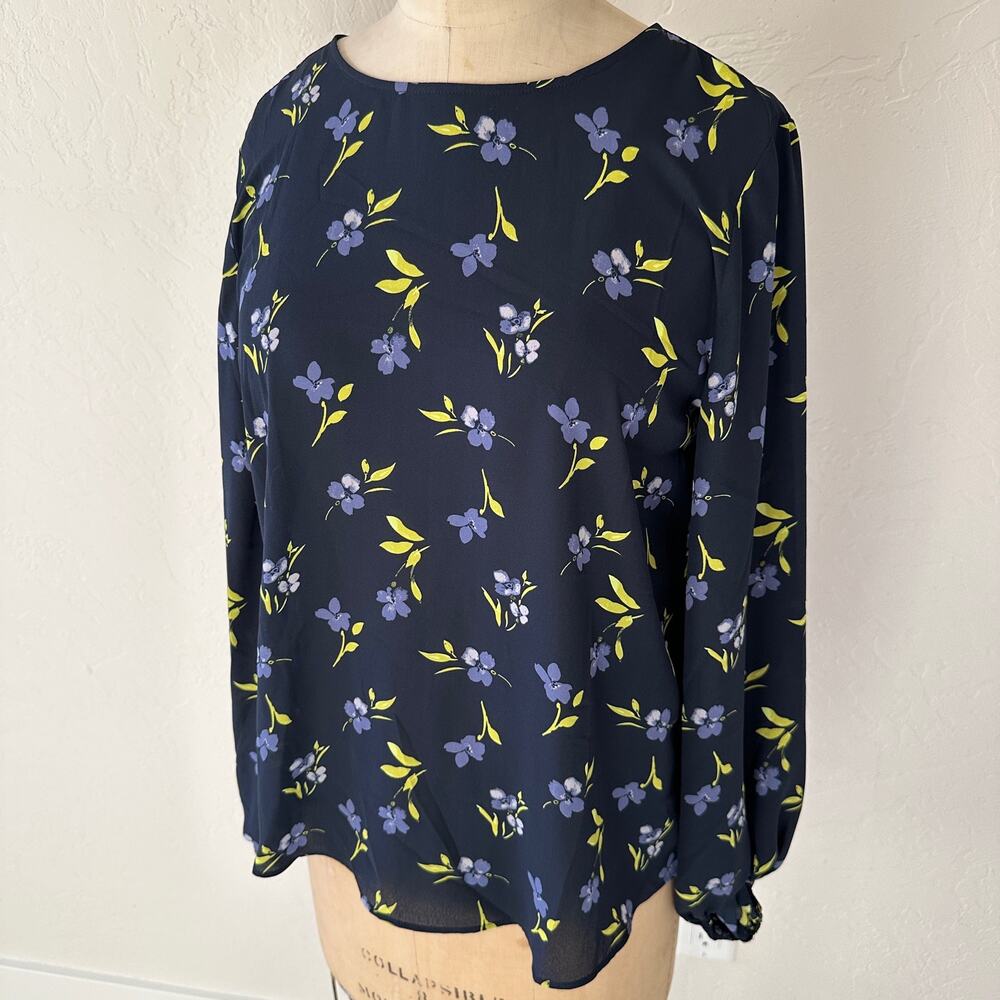 LOFT | Women’s Navy Blue Purple Floral Long Sleeve Blouse Top NEW Size XS Fairy